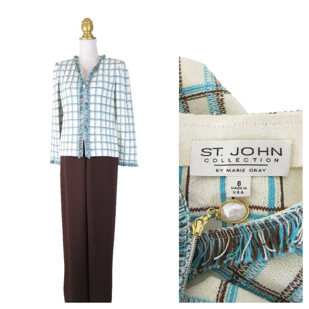 St. John Collection Brown Blue White Plaid Santana Knit Pant Suit Size 6 Formal